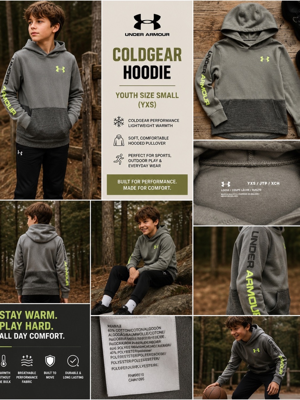 Under Armour ColdGear Hoodie Youth Small Gray Green Pullover Athletic Neon Logo